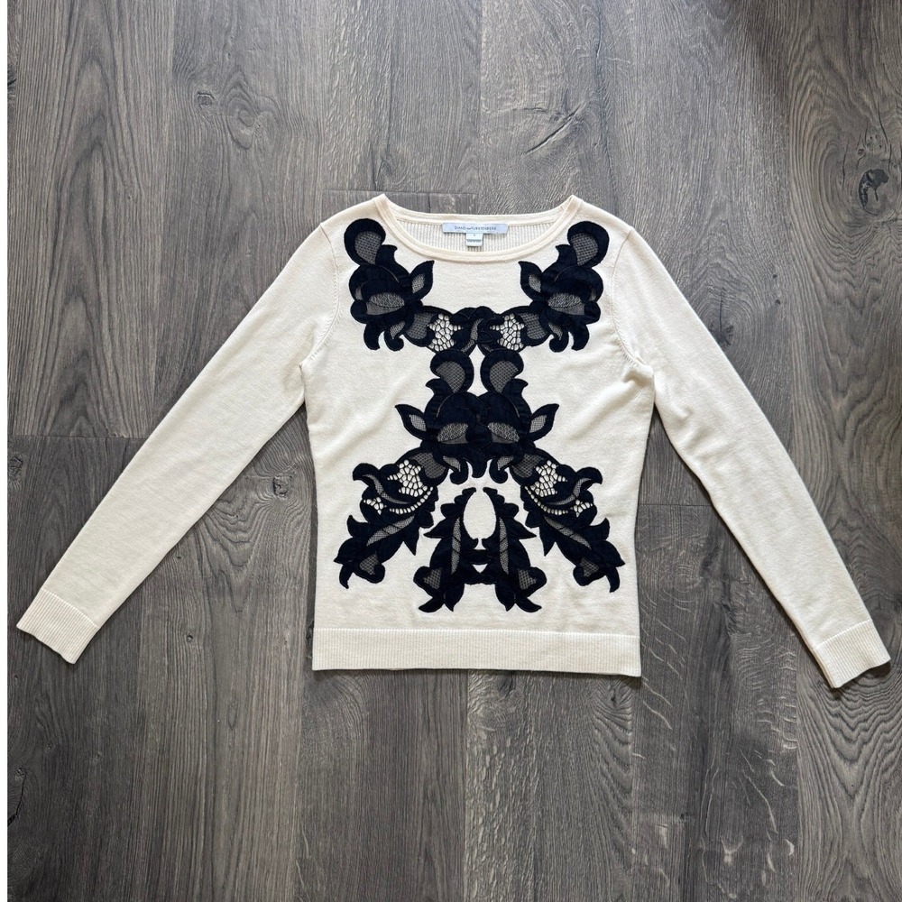 Diana Von Furstenberg Shana Sweater DVF S Ivory Merino Black Lace Applique NWOT